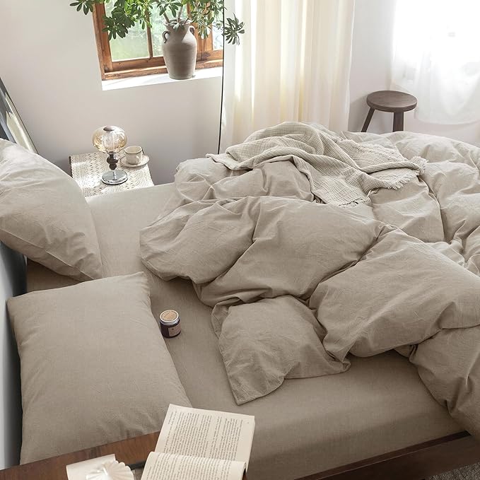 FOSSA Duvet Cover Set 100% Washed Cotton Linen Feel Super Soft Breathable Cozy 3 Pieces Bedding Sets Solid Tannish Linen Grey King