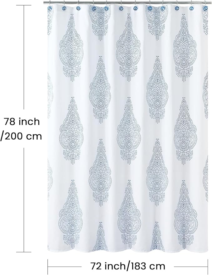 Fabric Shower Curtain 78 Inches Long, White and Blue Paisley Damask Medallion Print Shower Curtains for Bathroom, 72" W x 78" H