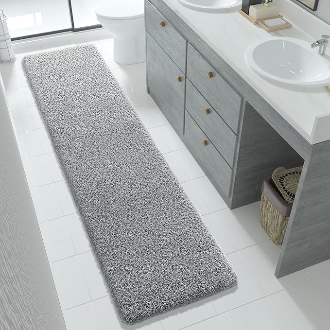 Yimobra Fluffy Plush Bath Rug, Super Shaggy Soft Comfortable Non Slip, Water Absorbent Microfiber Bath Mat, Dries Quickly, Machine Washable Thick Bathroom Rugs for Shower, 70"x 24", Pure Gray