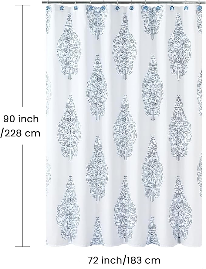 90 Inch Fabric Shower Curtain, Extra Long White and Blue Paisley Damask Medallion Print Shower Curtains for Bathroom, 72" W x 90" H