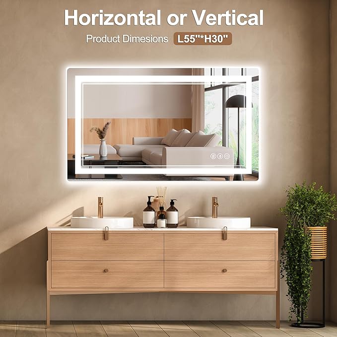 55"x 30" LED Bathroom Mirror with Front and Backlight, Bathroom Vanity Mirror with 3 Color Adjustable, Stepless Dimmable Light, Anti-Fog, Memory Function, Vanity Mirror for Wall(Horizontal/Vertical).