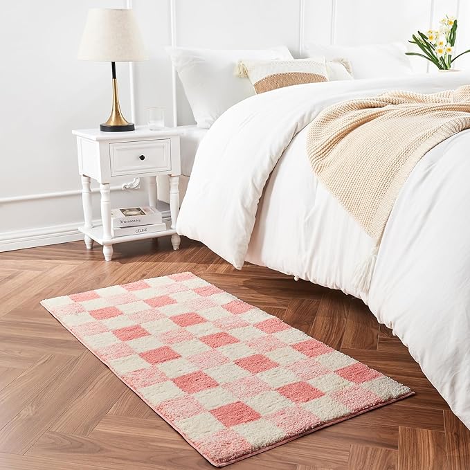 CozeCube Bath mats for Bathroom Non Slip, Fluffy Absorbent Microfiber Bath mat Washable, Aesthetic Bathroom Rugs, Small Blossom Pink Checkered Bath mat, Blossom Pink, 24" x 16"