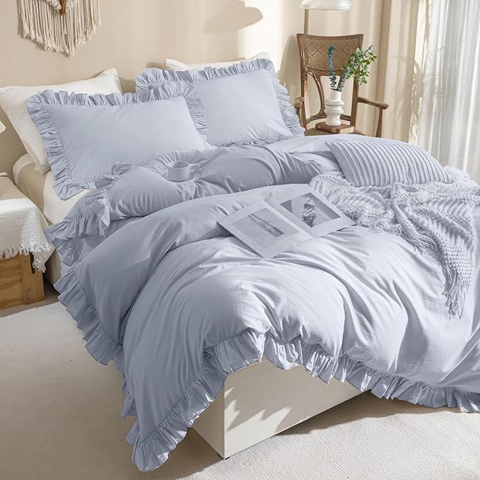 QSH Ruffle Duvet Cover Queen Size Washed Cotton,3pc Linen Feel Farmhouse Shabby Vintage Ruffled Bedding Set French Country Rustic Cornflower Blue Comforter Cover Aesthetic Soft Quilt Cover Set