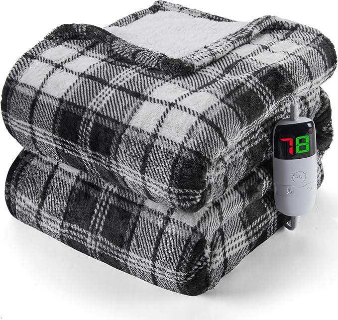 Black Heated Blanket Electric Throw, 50X60 Heating Throw with 10 Heats Levels & 8 Hours Auto Off, Plaid Soft Sherpa Blankets Warmer Gifts for Men Dad Boys Home Decor for Living Room Bedroom Office