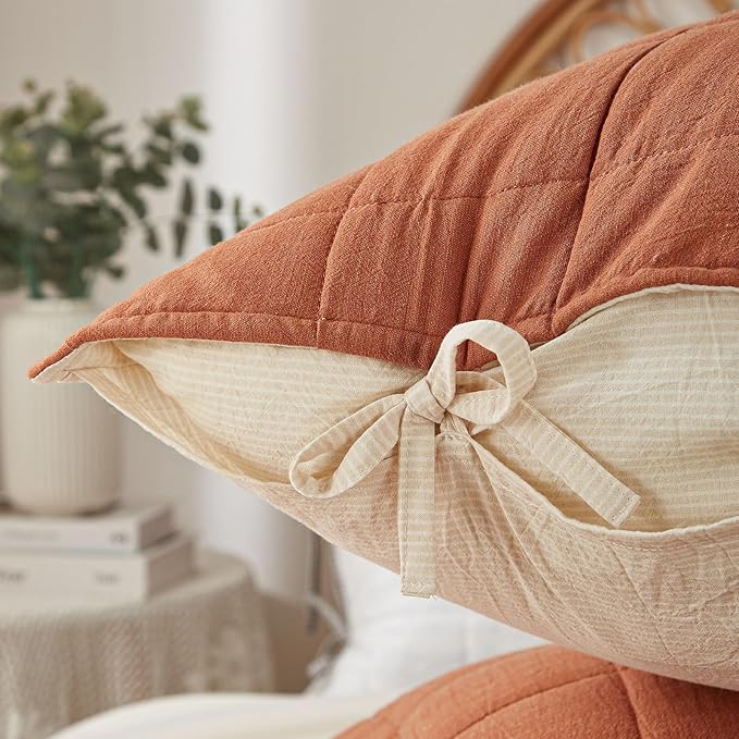 Burnt Orange Quilt King Size, Cotton Linen King Quilt Bed Spreads,3-Pieces King Size Quilt Bedding Set with Cream Stripe Coverlet Lightweight Bedding Comforters with 2 Pillow Shams