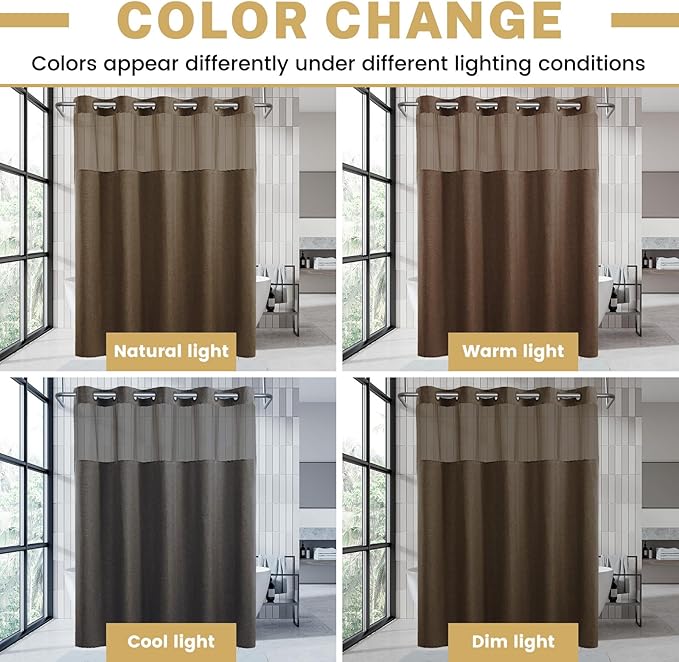 No Hook Brown Shower Curtain and Liner, Linen-Look Polyester Textured Shower Curtain with Snap in Liner, Waterproof & Washable Bath Curtains for Bathroom, 71Wx74H