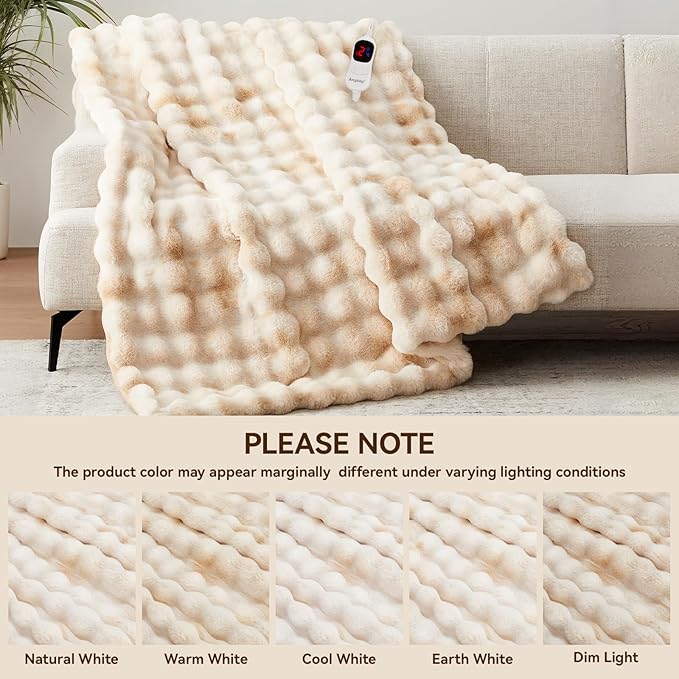 Heated Blanket Queen Size with 1/2/4/6/8 Hours Auto-Off 10 Heat Level, 72'' * 84'' Cozy Faux Rabbit Fur Bubble Electric Blanket with Overheat Protection(Tie-Dye Beige)