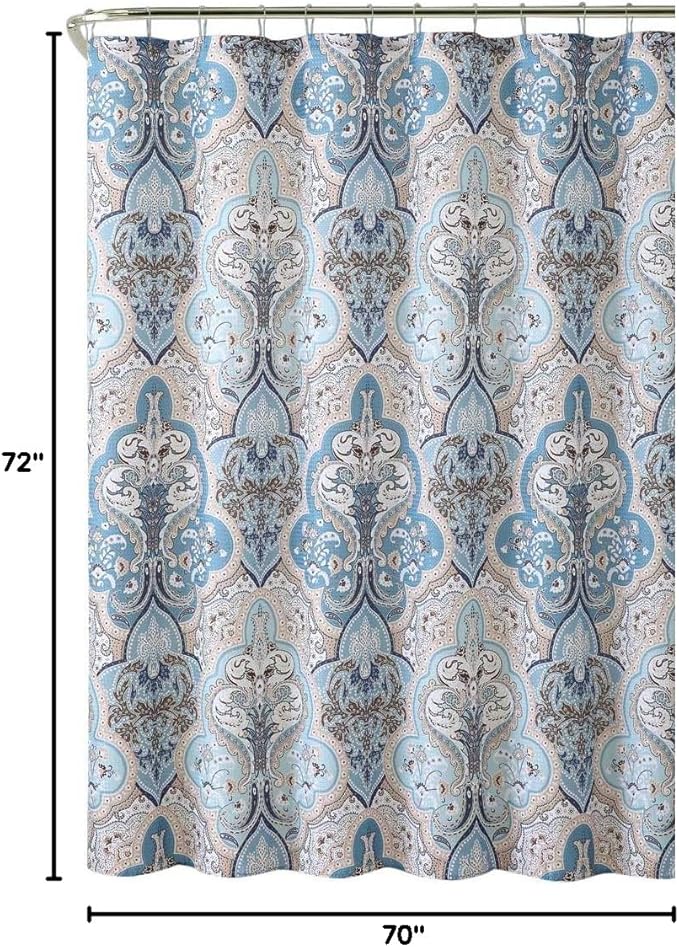 Decorative Blue & Brown Boho Fabric Shower Curtain, Modern Farmhouse for Vintage Rustic Bathroom Decor, Floral Victorian, 72 x 72