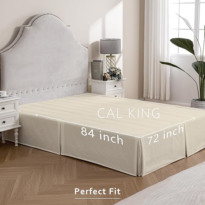 MIYE Pleated Waffle Weave Bed Skirt, Tailored Dust Ruffle 16 Inch Drop Easy Fit, Machine Washable,No Split Corners(Light Beige, Cal King - 16" Drop)