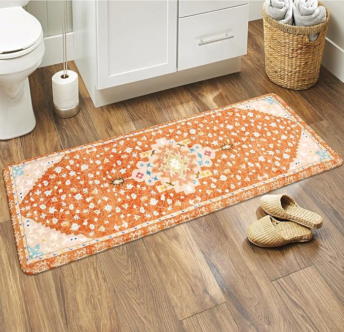 Uphome Boho Tribal Bathroom Runner Rug Orange Cute Floral Bath Mat Non-Slip Machine Washable Long Bathroom Rugs Soft Velvet Oriental Farmhouse Bath Rug for Sink Shower Doormat Tub, 18x47 inch