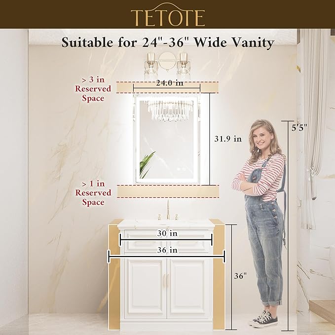 TETOTE Led Bathroom Mirror with Lights 24 x 32 Inch, Beveled Lighted Vanity Front and Backlit Anti-Fog Mirror Wall Mounted for Modern Bathroom, 3-Color Extra-Bright Lights, Tempered Glass