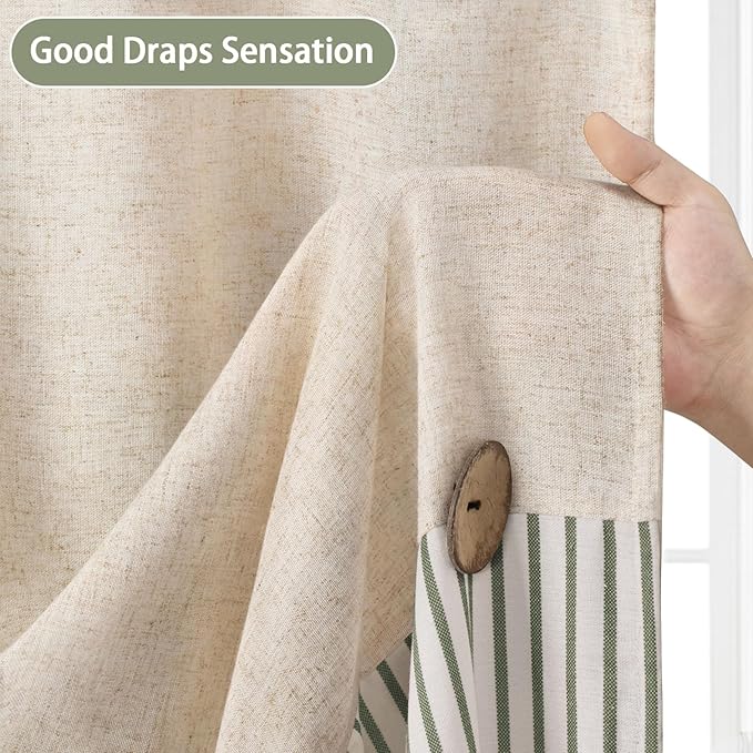 Farmhouse Shower Curtain Linen Button Woven Fabric Country Rustic Western, Pleated Green Stripe 72" W x 72" L