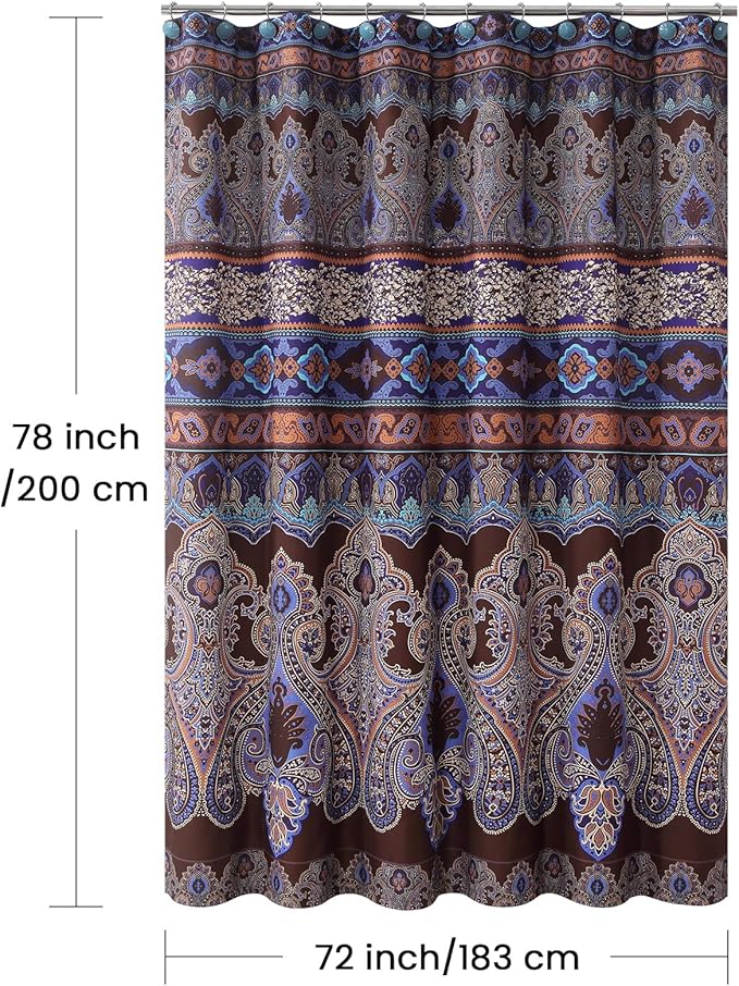 Boho Shower Curtain 78 Inches Long, Brown and Blue Bohemian Paisley Pattern Fabric Shower Curtains for Bathroom, Decorative Waterproof Bathroom Curtains, 72" W x 78" H