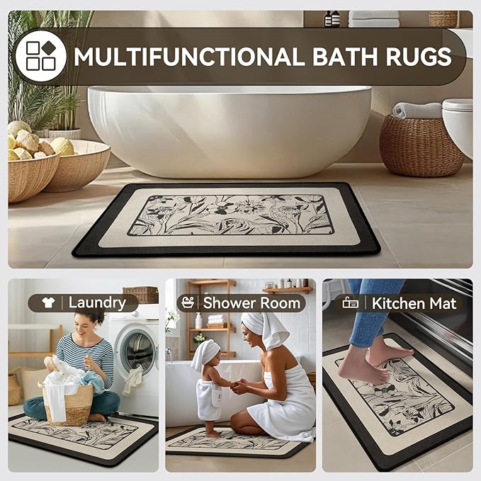 Bathroom Rugs, Ultra Thin Bath Mat Fit Under Door Super Absorbent Non Slip Quick Dry Bath Mat, Rubber Backing Shower Mat Outside Shower