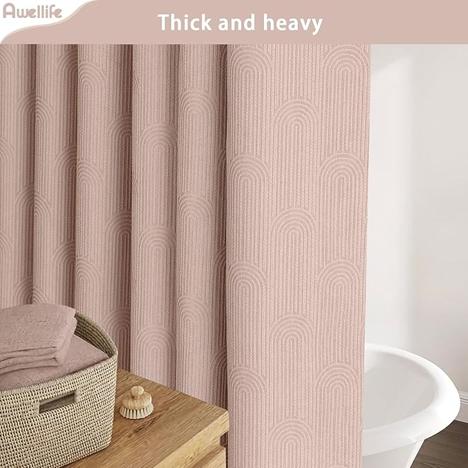 Awellife Boho Shower Curtains for Bathroom Cotton Fabric Touch Pink Bohemian Mid Century Minimalist Arch 72" L X 72" W