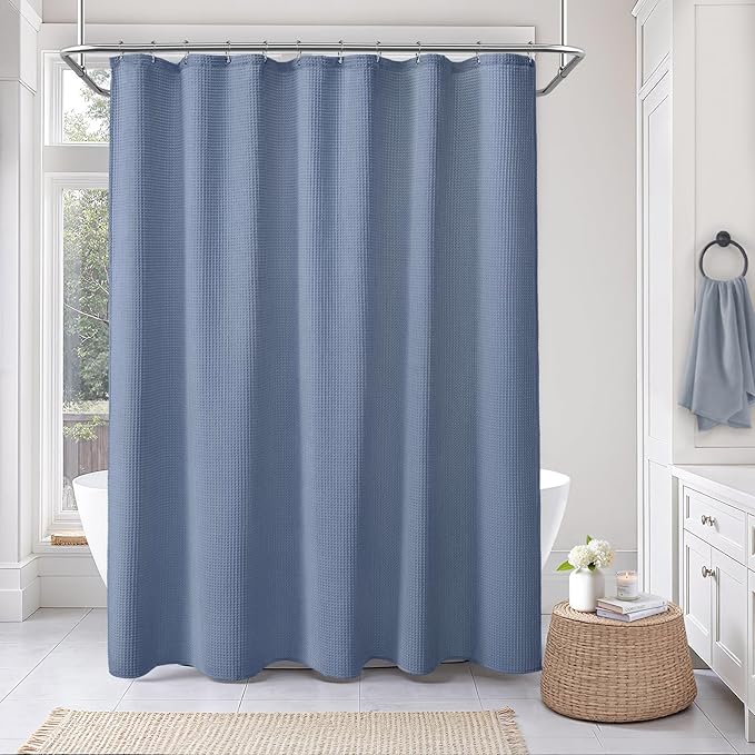 Extra Long Waffle Shower Curtain - Moonlight Blue Cotton Texture Fabric Heavyweight Shower Curtain for Bathroom,72Wx84L