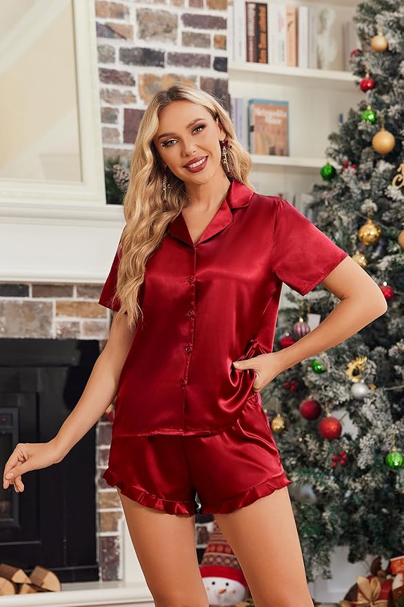 HOTOUCH Womens Satin Pajamas Set Button Down 2 Piece Silk Pjs Shorts Set Ruffle Lingerie Notch Collar Sleepwear