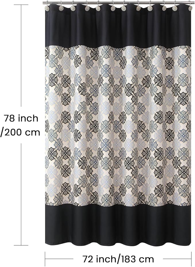 Fabric Shower Curtain 78 Inches Long, Black Beige Grey Boho Medallion Print Shower Curtains for Bathroom, 72" W x 78" H