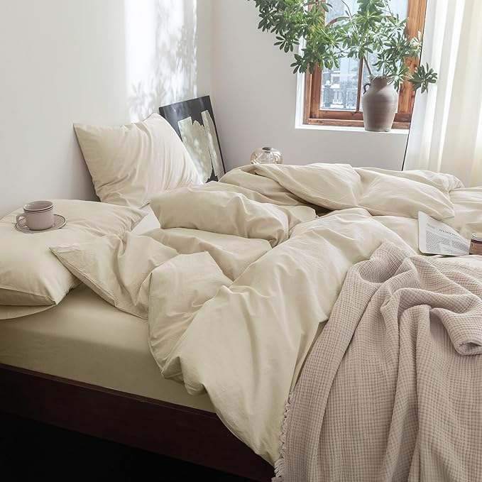 FOSSA Duvet Cover Set 100% Washed Cotton Linen Feel Super Soft Breathable Cozy 3 Pieces Bedding Sets Solid Almond Grey Oversized Queen
