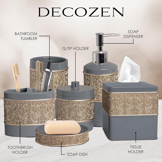 Decozen Bathroom Accessories Set 6Pcs – Soap Dispenser, Toothbrush Holder, Tumbler, Soap Dish & Cotton Swab Jar – Modern Bathroom Decor, Bath Set for Christmas Decor