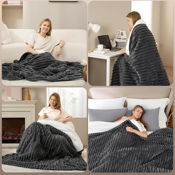Hansleep Heated Blanket Electric Blanket Throw, Heating Blanket with 9 Heating Levels and 10-Hour Timer Auto Shut Off, Washable Soft Warm Winter Blanket, 50 x 60 Inches, Dark Grey