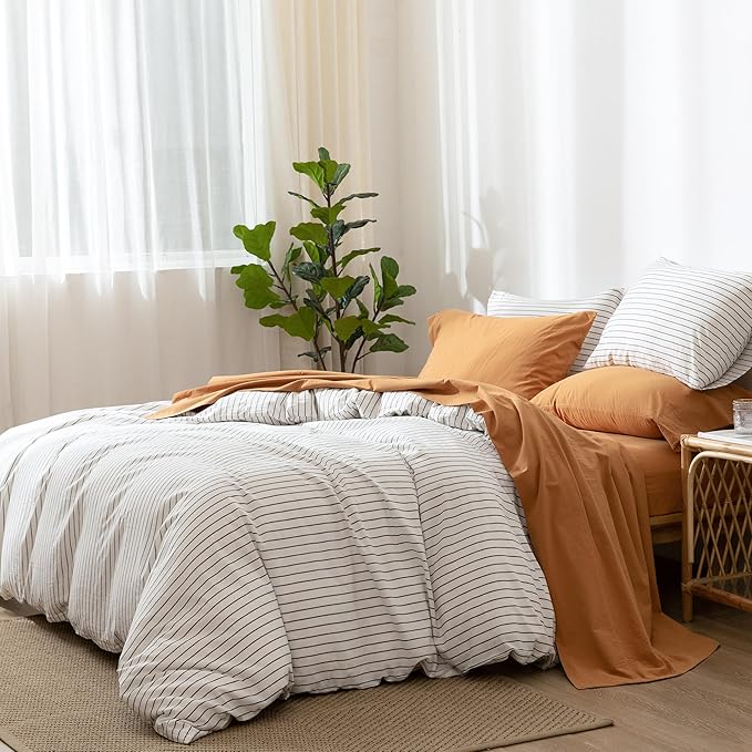 MooMee Bedding Sheet Set 100% Washed Cotton Linen Like Textured Breathable Durable Soft Comfy (Solid Burnt Orange, Full)