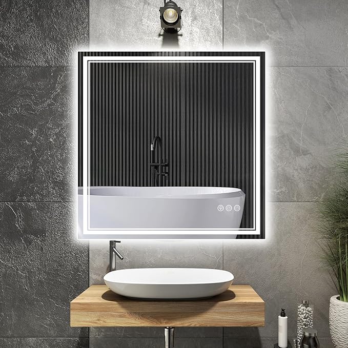 30x30 Inch LED Bathroom Mirror with Frontlit & Backlit(Independent Control), Lighted Mirror for Bathroom Wall with 3-Color Dimmable & Anti-Fog, Vanity Mirror with Lights