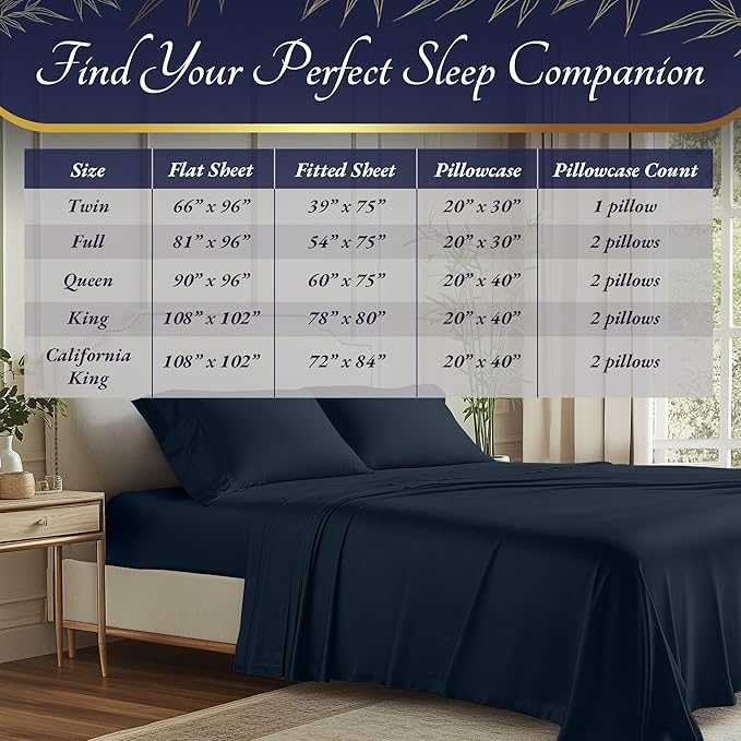 DECOLURE 100% Viscose Derived from Bamboo Sheets Twin Size 3pcs - Ultra Soft & Luxuriously Cooling, 17" Deep Pocket, Double Stitching, Perfect for Hot Sleepers - Twin Bed Sheets (Navy Blue)