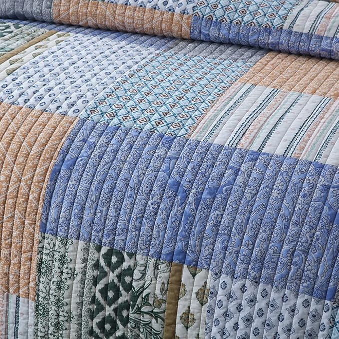 Autumn Dream Cotton Bedspread Quilt Sets Reversible Bedding Coverlet Sets Comforter, Vintage Floral Patchwork Red Blue Bedspread, King Size (Blue Bohemian Patchwork, Queen (90 by98 Inch))