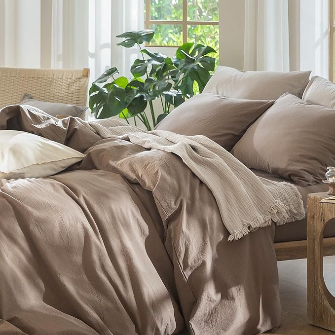 MooMee Bedding Duvet Cover Set 100% Washed Cotton Linen Like Textured Breathable Durable Soft Comfy (Solid Brown, King 104"x90")