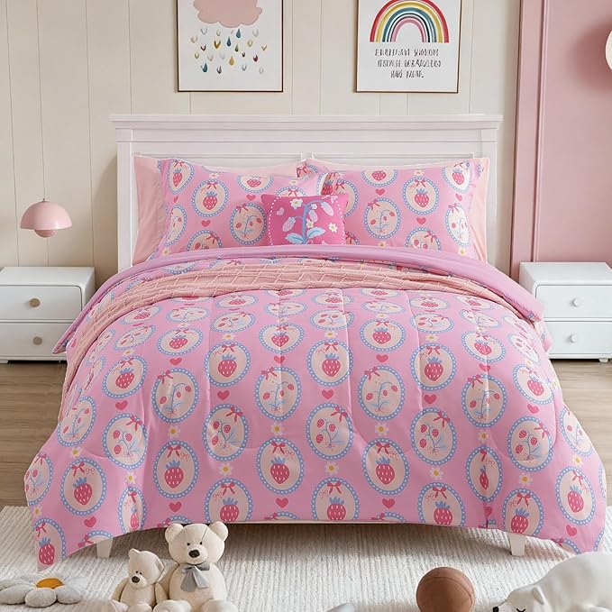 Full Size Comforter Set for Girls - 4 Pieces Pink Strawberry Full Bedding Sets for Kids,1 Comforter, 2 Shams and 1 Decor Pillow