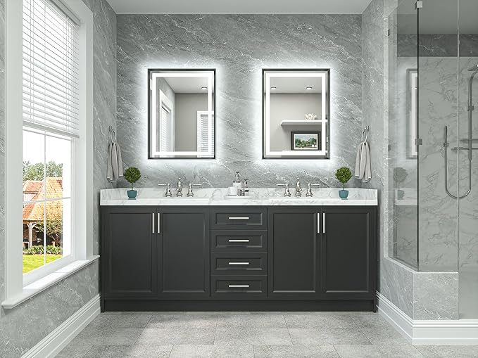 TETOTE 24 x 32 Bathroom LED Mirror Brushed Gunmetal Gray Frame Frontlit & Backlit Vanity Mirror Anti-Fog Stepless Dimmable 3 Colors White/Warm/Natural Wall-Mounted