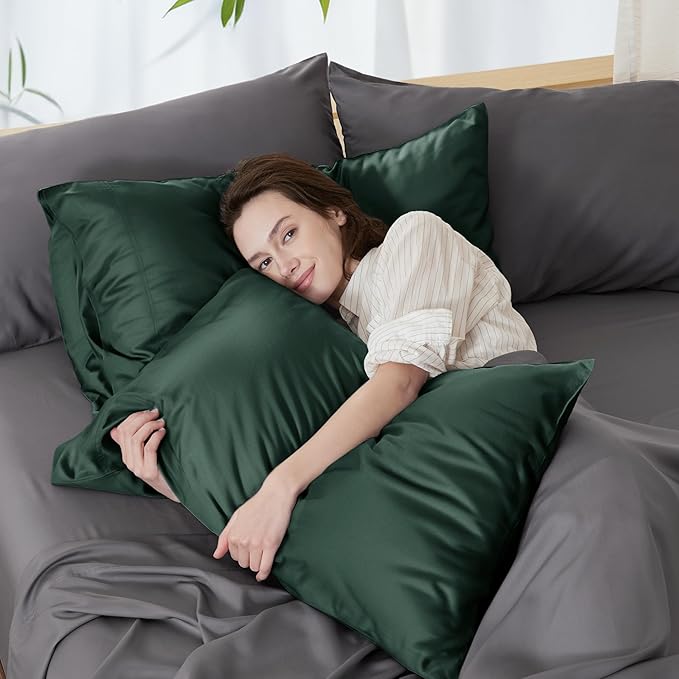 Bedsure Pillow Cases Queen, Cooling Pillow Cases, Rayon Derived from Bamboo Forest Green Pillowcases Queen Size Set of 2, Soft & Breathable Bedding Pillow Covers with Envelope Closure, 20x30 Inches