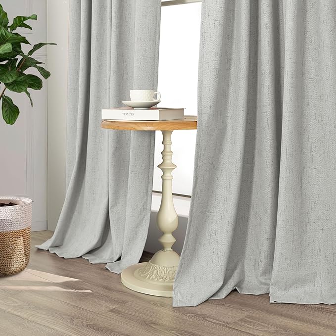 Pitalk 63 Inch Length Curtains for Living Room Black Out 2 Panel Faux Linen Rustic Country Farmhouse Style Room Darkening Light Gray Blackout Curtains for Bedroom Dove Grey 52 x 63 Inches Long