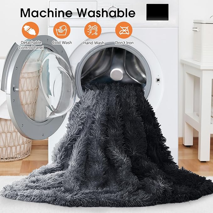 Heated Electric Blanket Queen–Faux Fur with Soft Thick SherpaWarm Winter Birthday Gifts for Women Grandma,Dual Control,10 Heat Settings,5 Time Settings, 84x90, Midnight Black