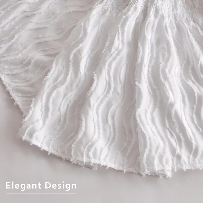 MIYE Wavy Tufted Bed Skirt - Wrap Around Dust Ruffle with Elastic Belts - 12.5 Inch Drop Easy to Put On - Bedskirt Machine Washable & Wrinkle Resistant(Wavy/White, King/Queen-12.5 Drop)