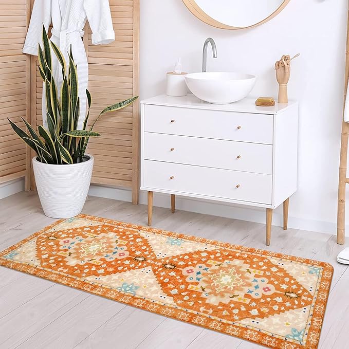 Uphome Boho Hallway Runner Rug Orange Non-Slip Soft Bathroom Rugs Oriental Machine Washable Runner Rug Rustic Tribal Floral Home Decor Carpet for Bedroom Kids Room Entryway, 24x71 inch