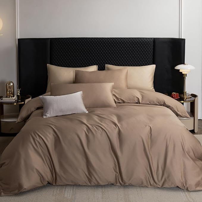 MooMee Duvet Cover Set 100% Extra Long Staple Cotton 600 Thread Count Silky Sateen Smooth Luxury Soft Breathable Durable Hotel Quality Bedding, 3 Pieces (Brown, Queen 90"x90")