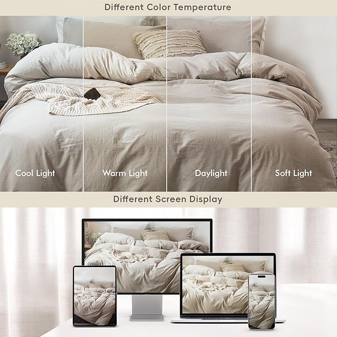 MooMee Bedding Duvet Cover Set 100% Washed Cotton Linen Like Textured Breathable Durable Soft Comfy (Heathered Tannish Linen Grey, Twin 68"x90")
