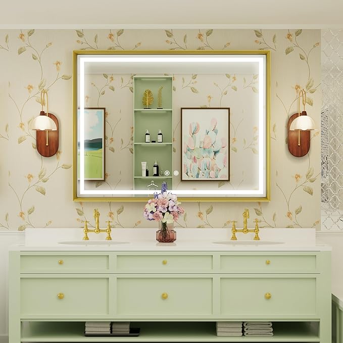 40x30 Inch Gold LED Mirror for Bathroom, 3 Color Temperatures (3000K/4500K/6000K), Anti-Fog, Dimmable Lights, Memory Function, Horizontal/Vertical Wall Mounted