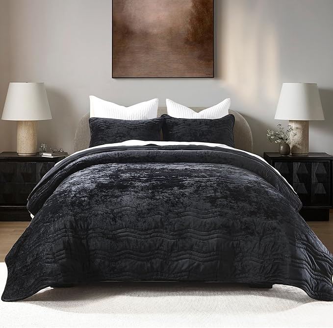 King Size Comforter Set, Luxurious Velvet King Quilt, Black Bedding Set, Soft Plush Bedspread King Size, Lightweight Quilts for All Season, Black