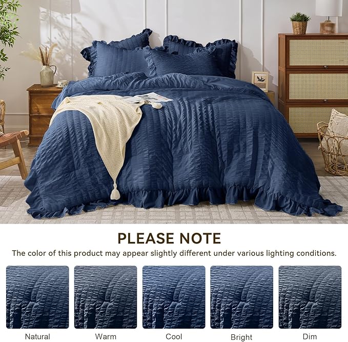 JOLLYVOGUE Navy Blue Queen Comforter Set, 3 Pieces Seersucker Comforters Queen Size, Lightweight & Fluffy Bedding Sets Queen for All Season with 1 Ruffle Comforter and 2 Ruffle Pillowshams
