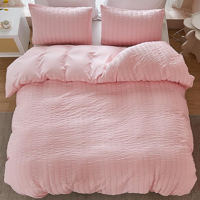 AveLom Blush Pink Seersucker Duvet Cover Set Full Size (80 x 90 inches), 3 Pieces (1 Duvet Cover + 2 Pillow Cases), Ultra Soft Washed Microfiber, Textured Duvet Cover with Zipper Closure, Corner Ties