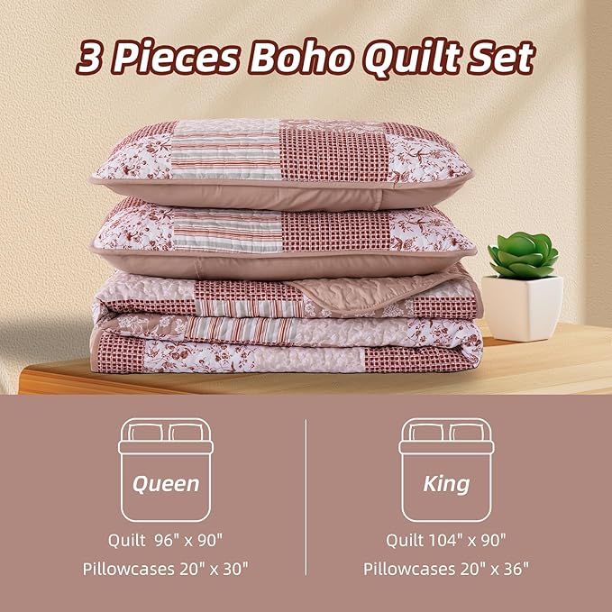 Mybedsoul Patchwork Quilt Set King Size, 3 Pieces Pink Floral Plaid Bedspread Coverlet Set, Reversible Soft Microfiber Bedding Set for All Season, Fall Winter King 90"x104"