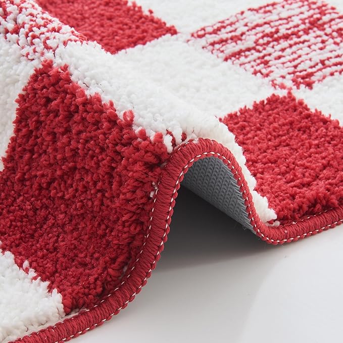 CozeCube Bath mats for Bathroom Non Slip, Fluffy Absorbent Microfiber Bath mat Washable, Aesthetic Bathroom Rugs, Large Christmas Red Checkered Bath mat, Christmas Red, 36" x 24"