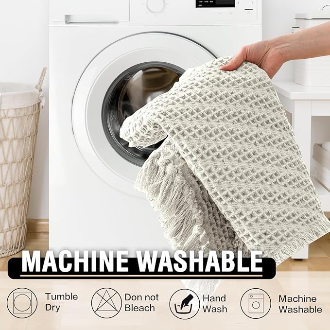 H.VERSAILTEX Waffle Bath Mat Super Absorbent Boho Bath Mat Non Slip Bath Rugs for Bathroom Floor Machine Washable Dry Fast Bathroom Rugs with Tassels, 17" x 24", Ivory White
