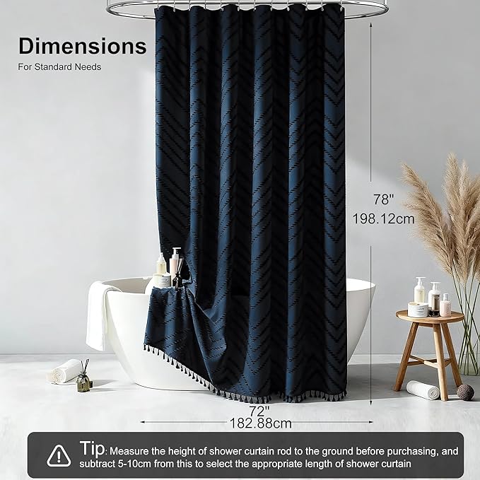 Extra Long Boho Navy Blue Shower Curtain, Woven Fabric Shower Curtain, Tufted Chevron Striped, 72 x 78, Modern Chic Textured Minimalist Bathroom Cloth Shower Curtains
