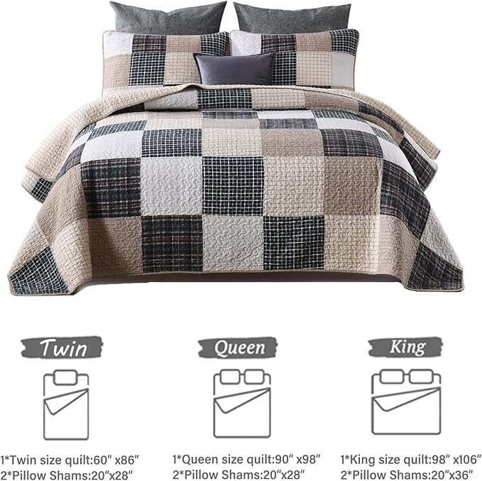 Y-PLWOMEN Quilts Queen Size, 100% Cotton Queen Quilt Set, Brown Khaki Black White Patchwork Plaid Queen Size Bedspread, Lightweight Reversible Soft Summer Quilt Bedding Set, 3-Pieces