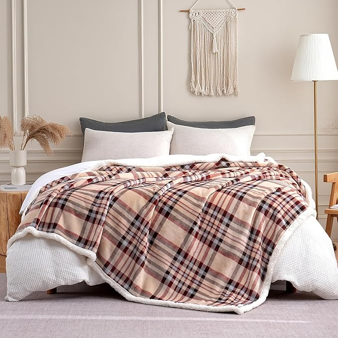 Sherpa Blanket Throw Blanket for Couch Sherpa Fleece Blanket Fluffy Checkered Soft Blanket for All Season Use Cozy Thick Warm Big Throws (Beige-Plaid, 80"*90")