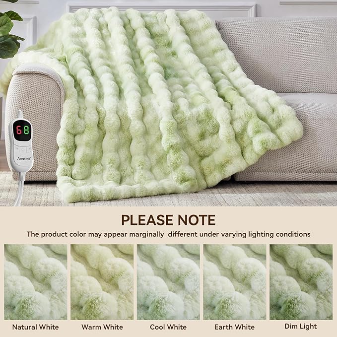 Heated Blanket Throw with 1/2/4/6/8 Hours Auto-Off 10 Heat Level, 72'' * 84'' Cozy Faux Rabbit Fur Bubble Electric Blanket with Overheat Protection(Tie-Dye Green)